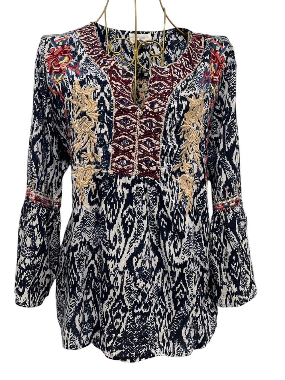 SIGRID OLSEN 100% Modal Embroidered Bohemian Peasant Top Blouse Bell Sleeve M